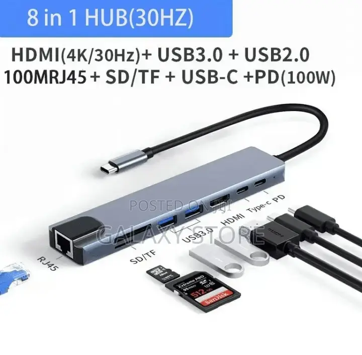 8in1 Typec Adapter Hdmi Docking Usb-C Hub Rj45 Ethernet