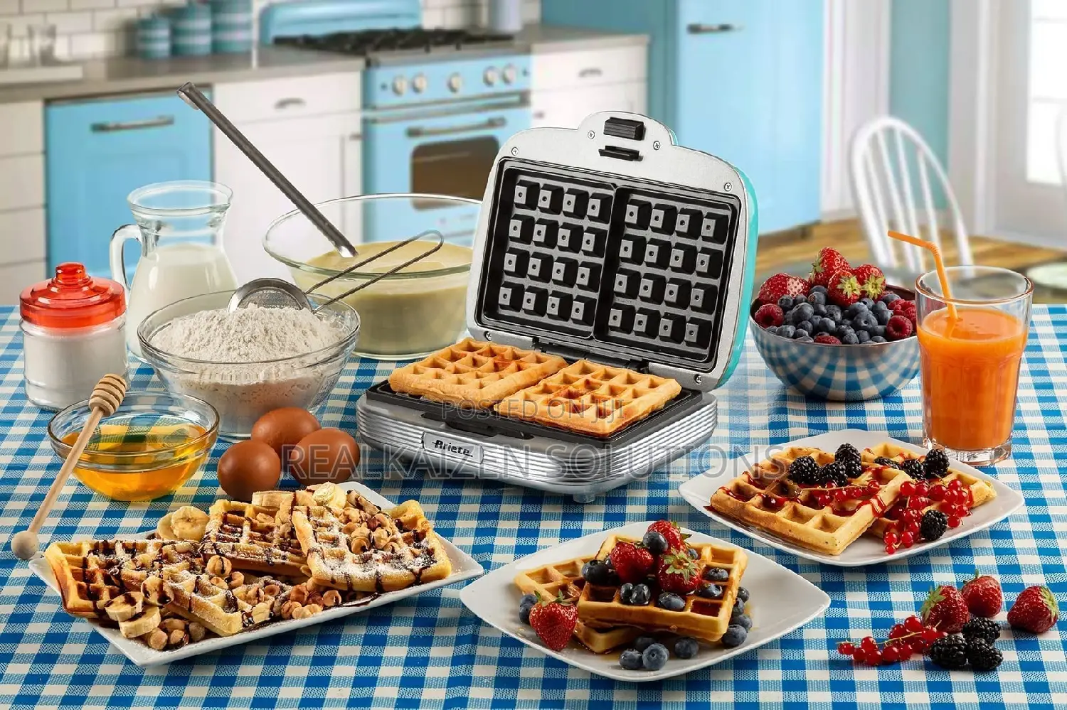 Italy ARIETE Vintage Non-Stick Plate Blue Waffle Maker 700W