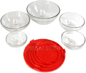 5 Piece Glass Bowl Set With Matching Red Plastic Lids