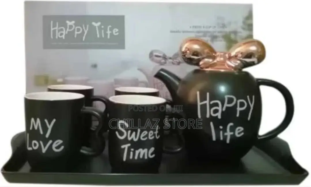 4 Pieces of Tea Coffee Cups, Teapot and Tray Set