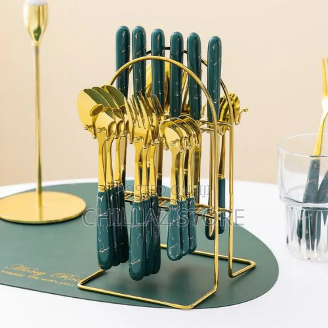 24pcs Gold Cutlery (Forks,Spoons Knieves) With Stand-