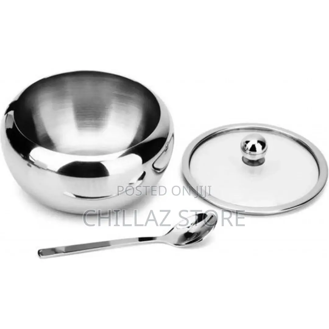 Steel Sugar Bowl With Spoon and Glass Lid Container Jar