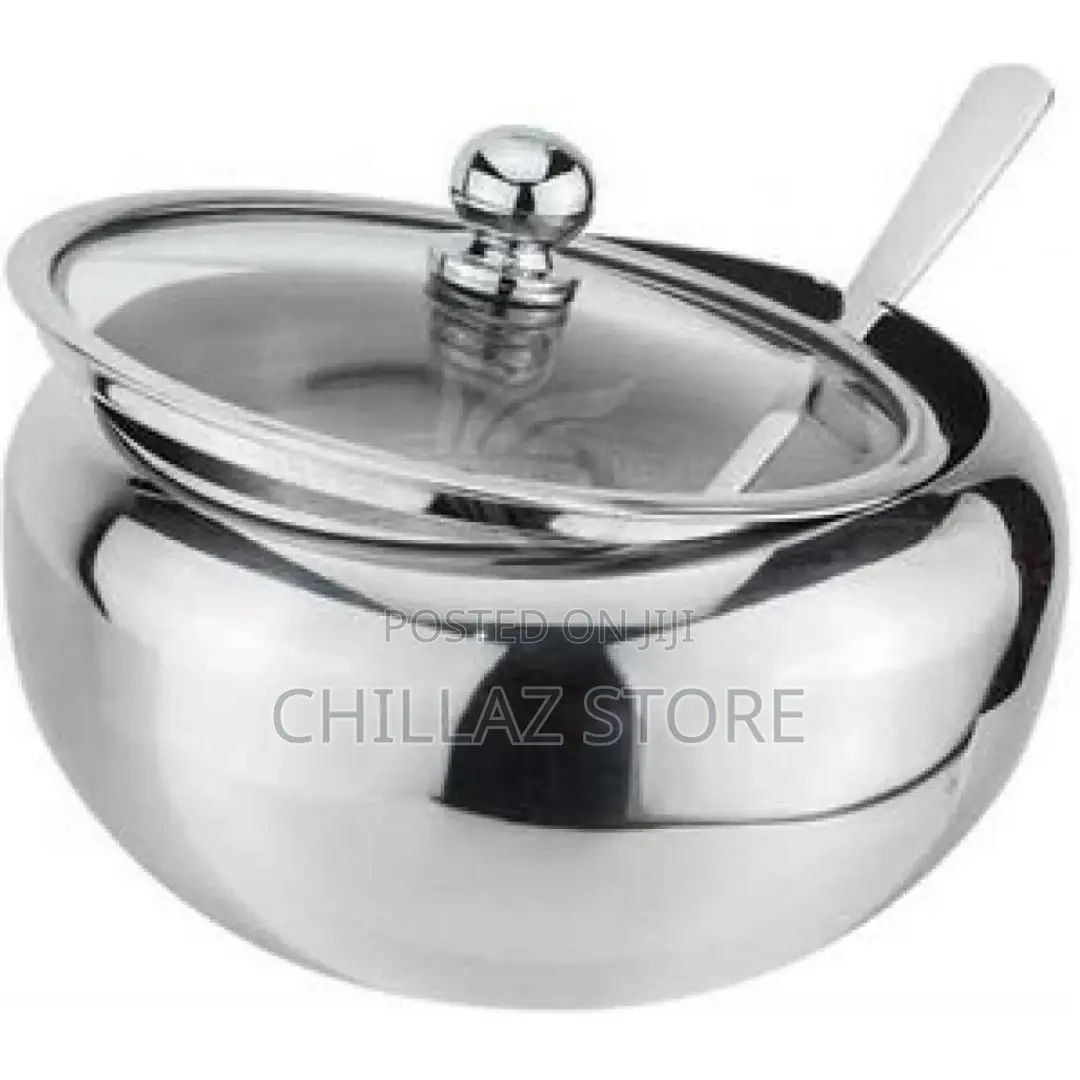 Steel Sugar Bowl With Spoon and Glass Lid Container Jar