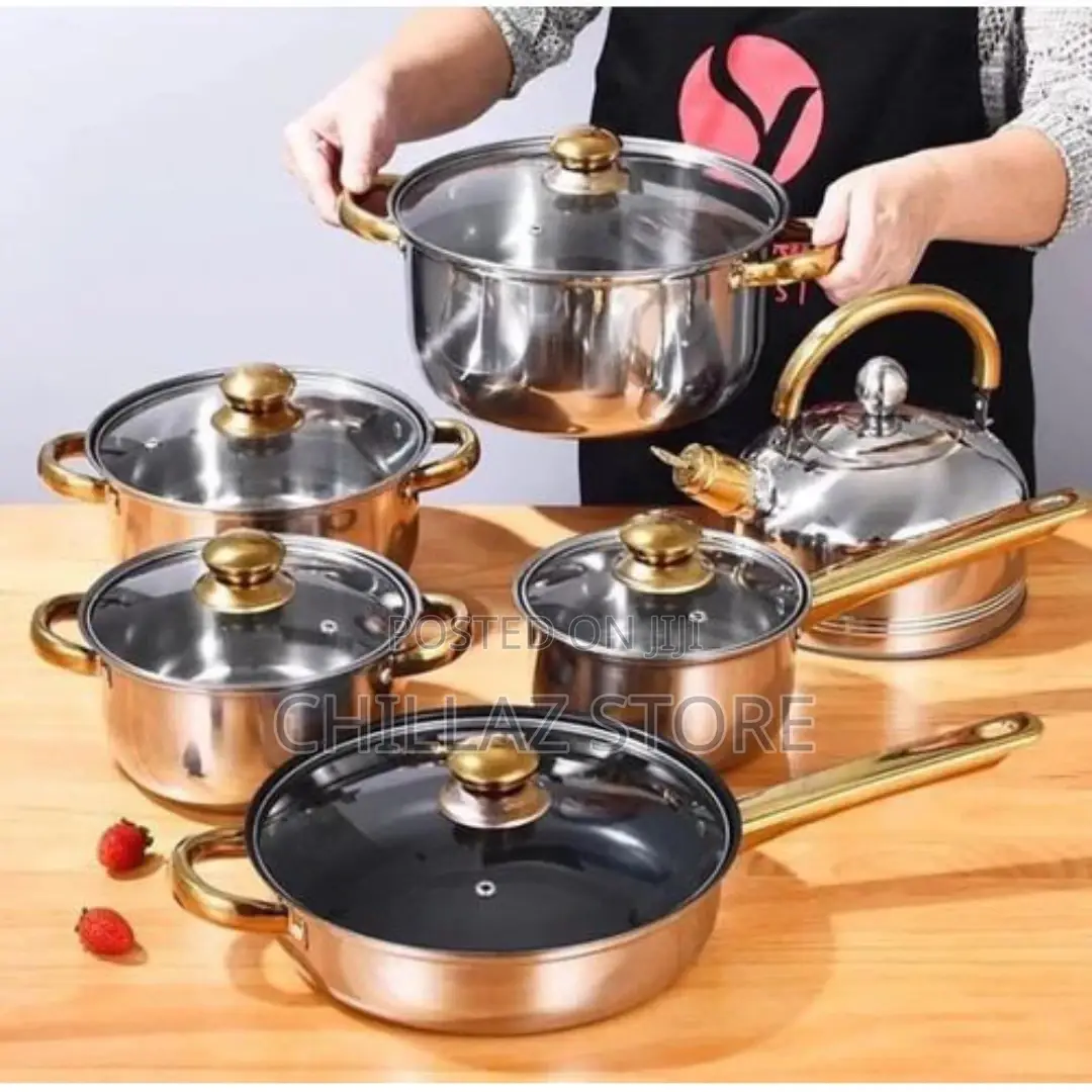 6 Pc Gold Handles Stainless Steel Saucepans Cookware /Kettle
