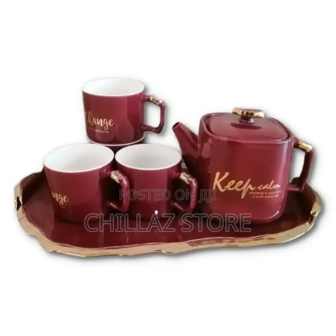 4 Pc Tea Coffee Mugs Cups, Teapot and Tray Set-