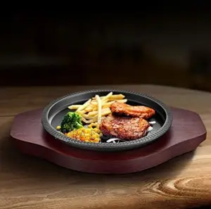 Round Cast Iron Steak Plate With Wooden Base