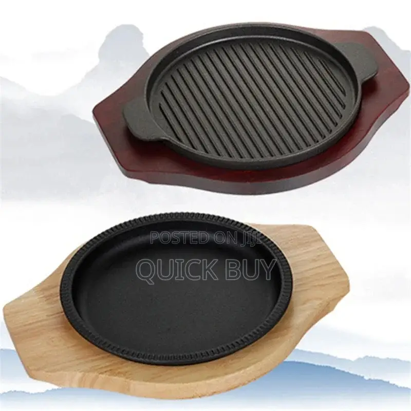 Cast Iron Grill Pan / Plate With Wooden Base