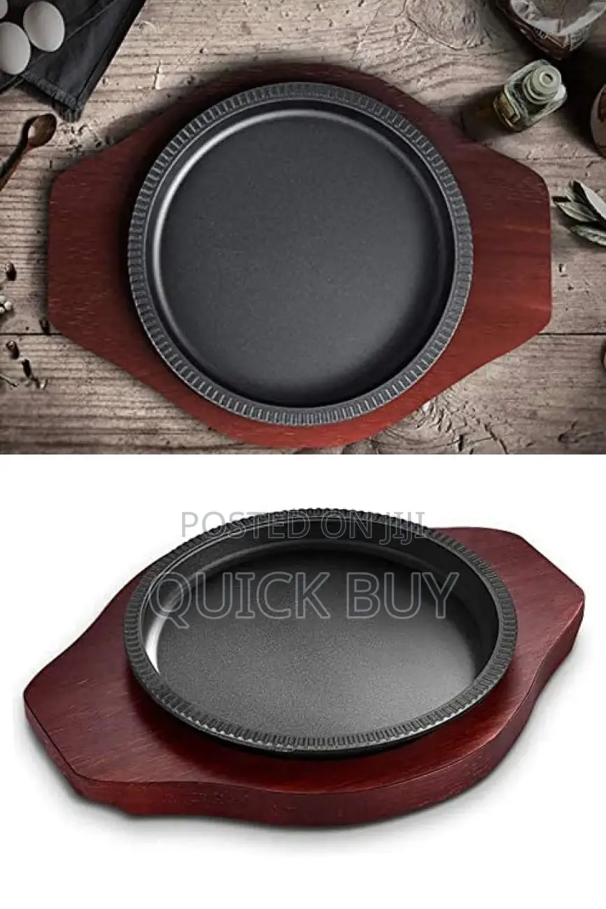 Cast Iron Grill Pan / Plate With Wooden Base