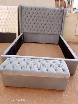 Gray Tufted Fabric Bed With Ottoman 5by6