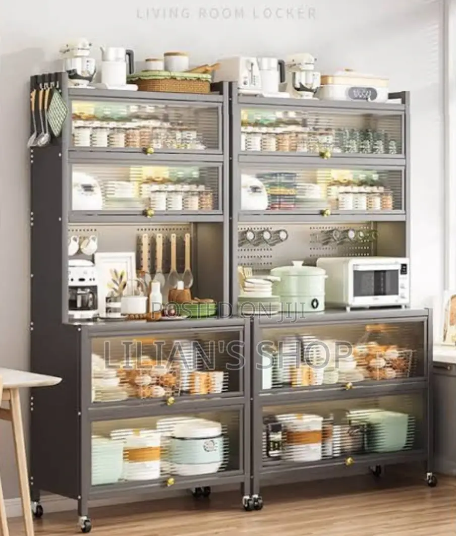 Metallic Kitchen Rack Shelf With Doors and Wheels