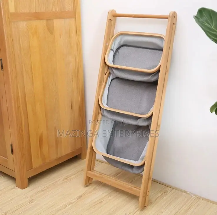 3tier Foldable Laundry Basket With Wooden Legs