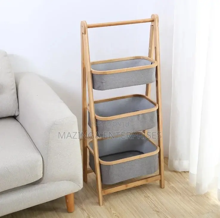 3tier Foldable Laundry Basket With Wooden Legs