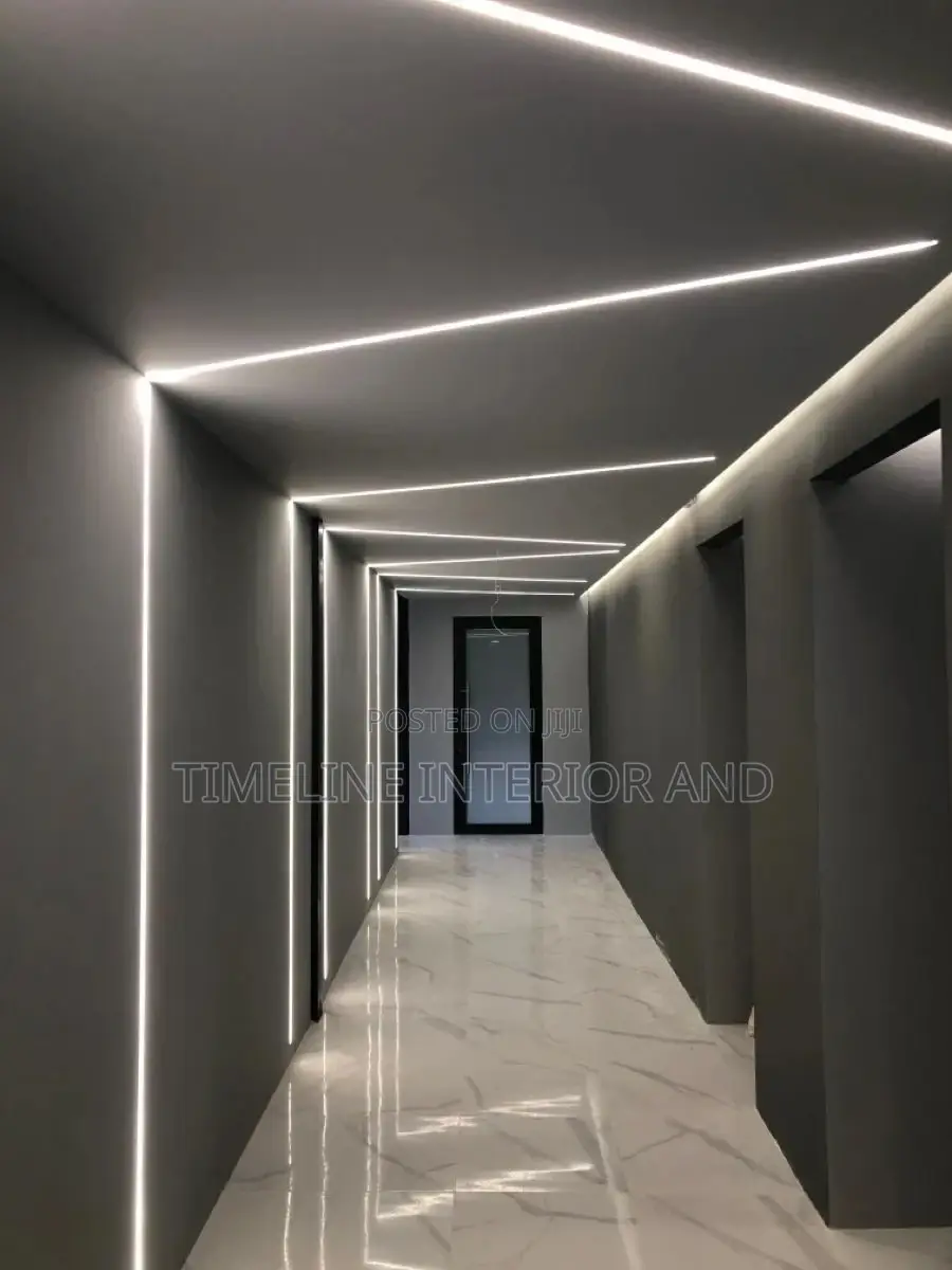 Gypsum Wall and Ceiling With Straight Strip Lights.