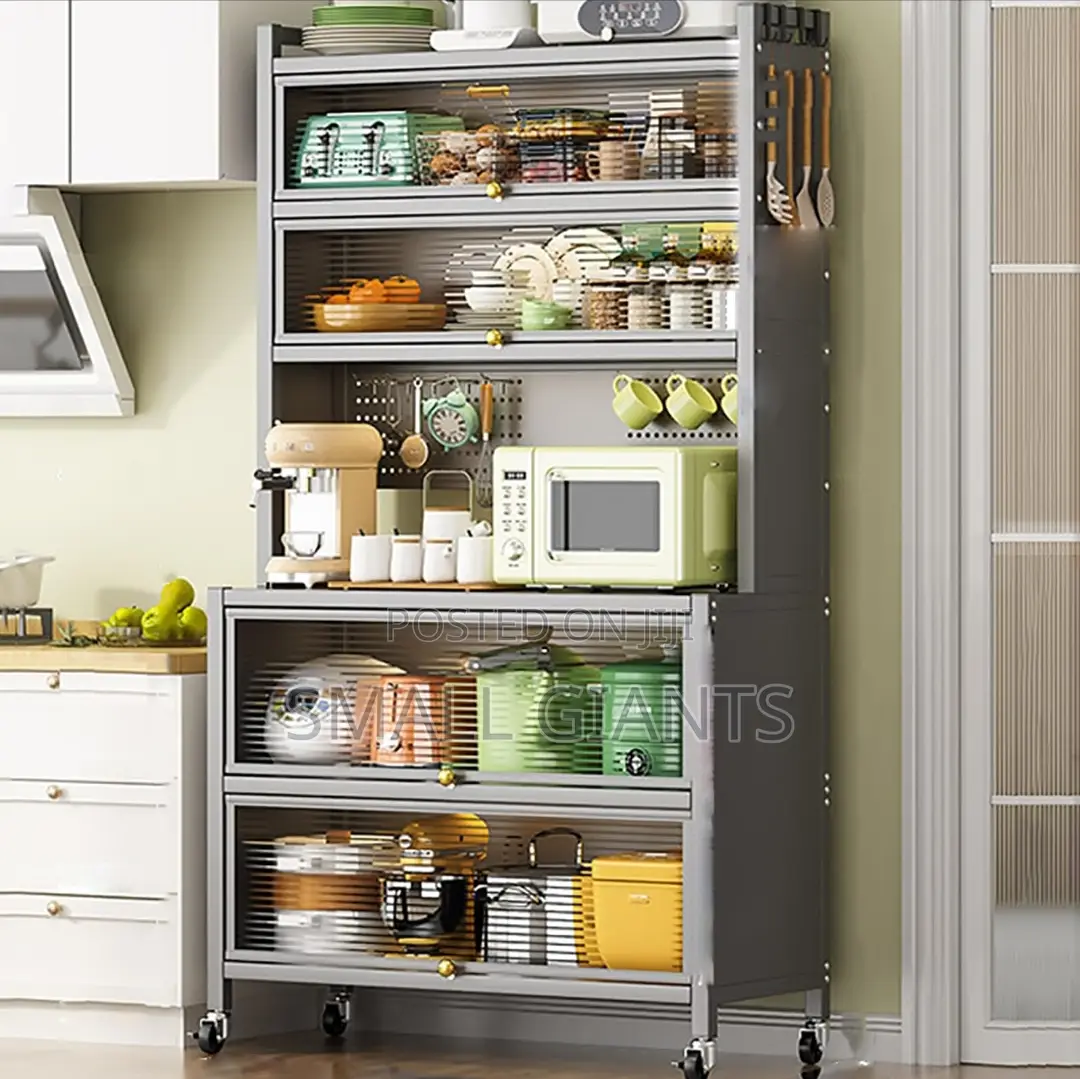 6-Tier Kitchen Rack With Microwave Stand, Wheels Flip Door