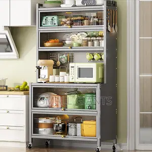 6-Tier Kitchen Rack With Microwave Stand, Wheels Flip Door