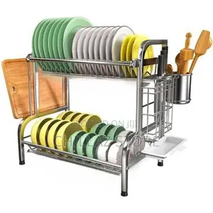 2 Tier Aluminum Plate Dish Drying Draining Rack Storage
