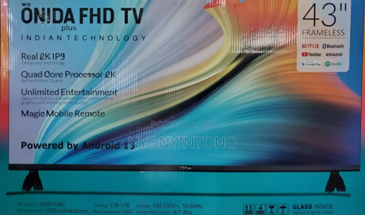Onidab 43" Smart Android Frameless Tv With Bluetooth.