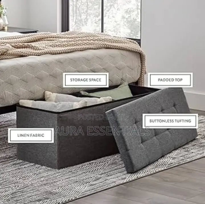 Foldable Tufted Linen Storage Ottoman's Bench
