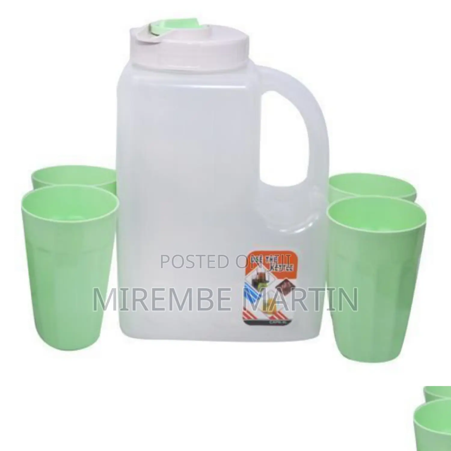 Plastic Water Fridge Bottle With 4 Glasses.