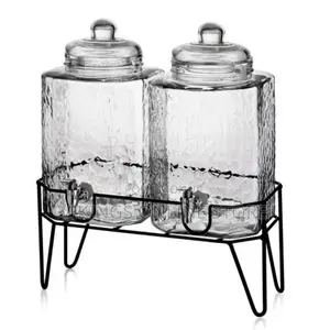 Double Ice Cold Clear Hammered Glass Jug Beverage Dispensers