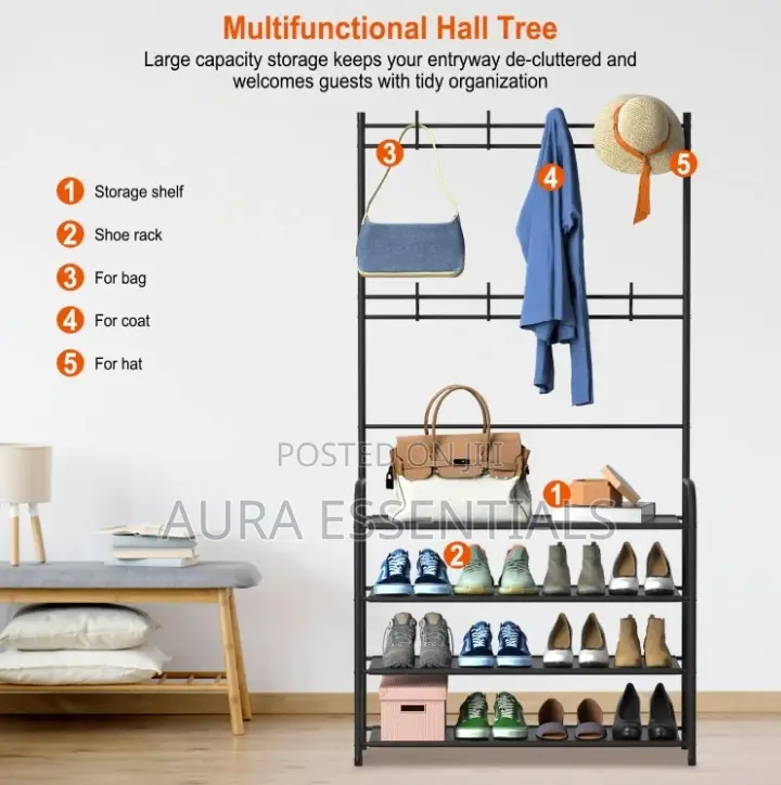 3 in 1 Freestanding Hall Tree Shoe Bench Rack