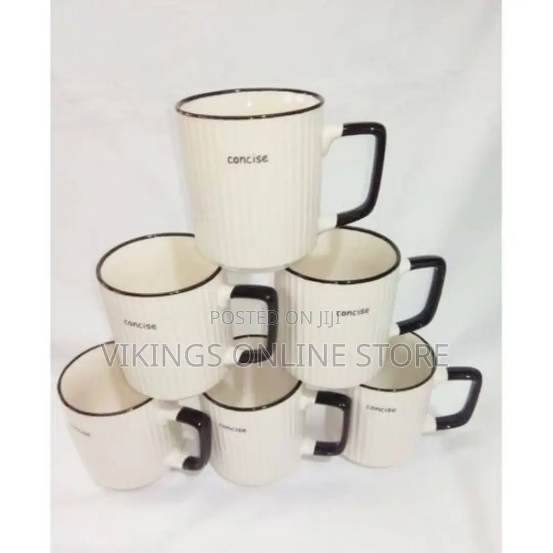 Set of 6 Tea Cups Black Handles - White