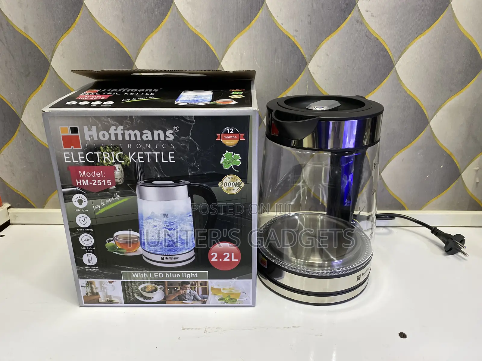 Hoffmans Electric Glass Kettle With Led Blue Light 2.2litres