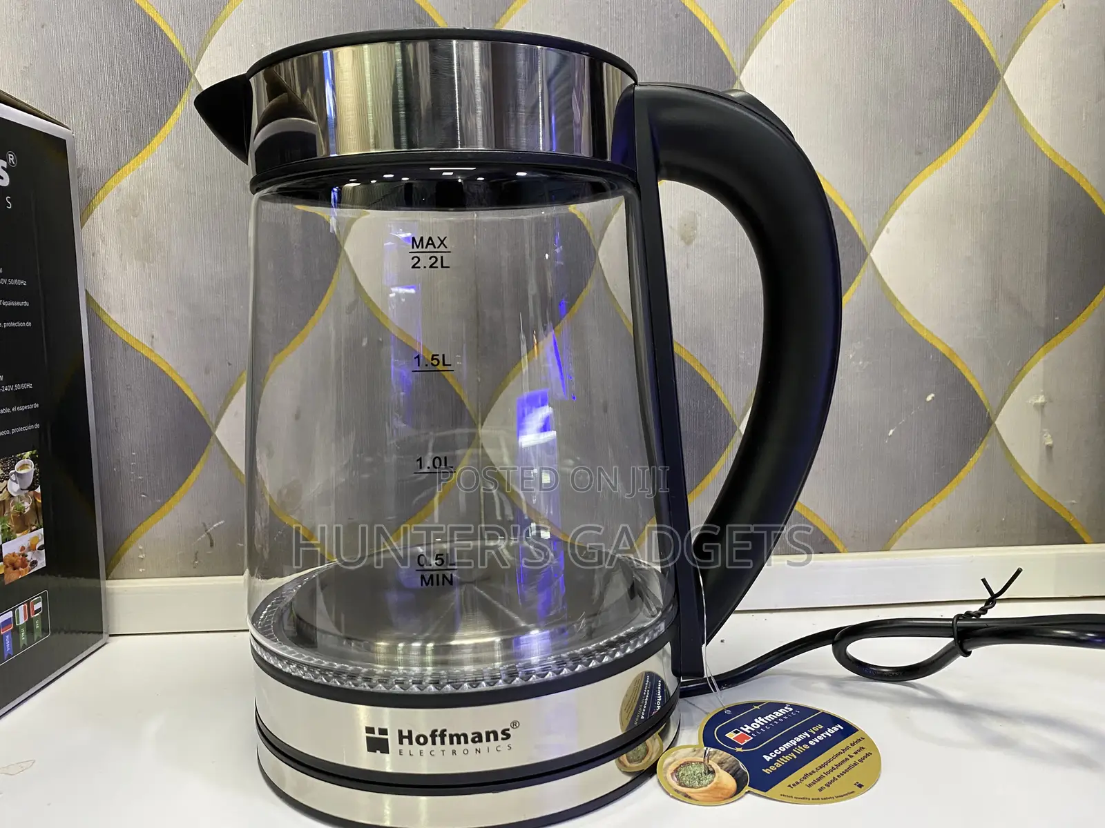 Hoffmans Electric Glass Kettle With Led Blue Light 2.2litres
