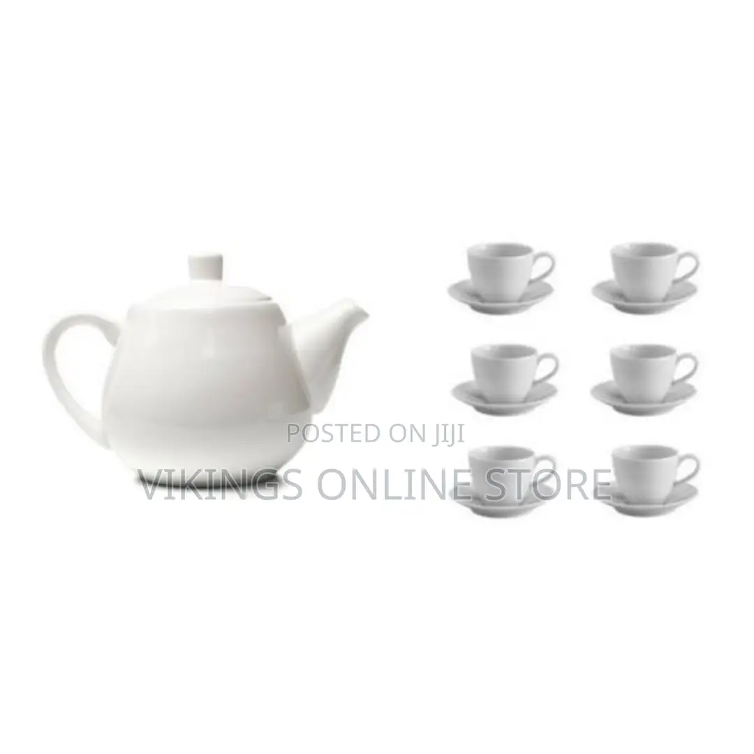 Set of Tea Pot, 6 Tea Cups and Saucers - White