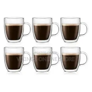 6 Piece Double Wall Glass Coffee Mugs Set With Handle
