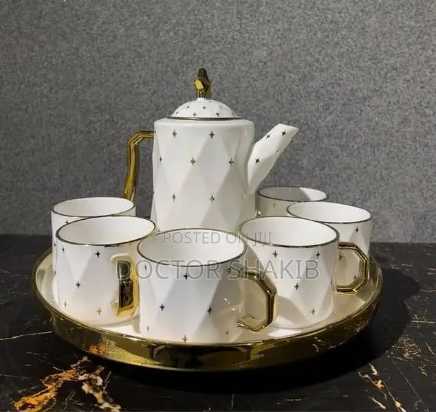 Rotating Tray, Cups and Kettle Gold White