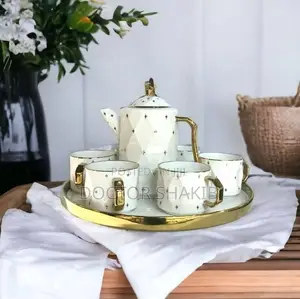 Rotating Tray, Cups and Kettle Gold White