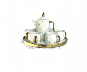 Luxury 8pcs Tea Set With Tea Pot and Tray, White- Gold