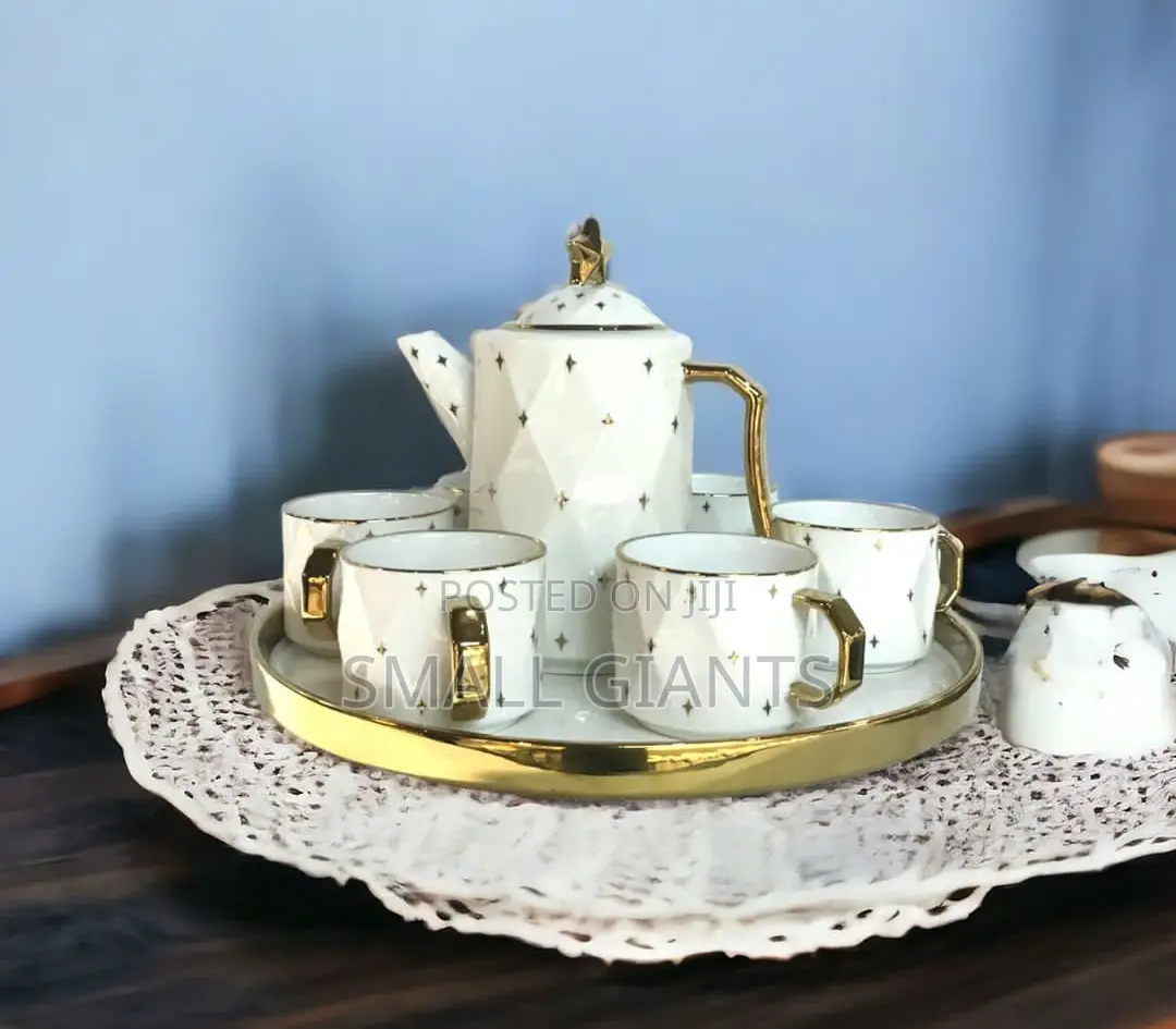 Luxury 8pcs Tea Set With Tea Pot and Tray, White- Gold