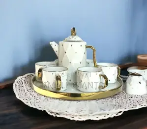 Luxury 8pcs Tea Set With Tea Pot and Tray, White- Gold