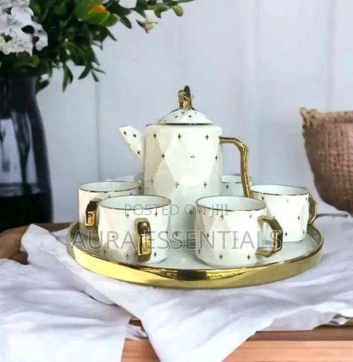 Rotating Tray,Cups, and Kettle Gold White
