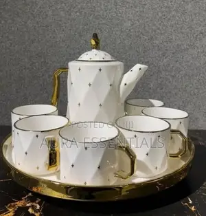 Rotating Tray,Cups, and Kettle Gold White