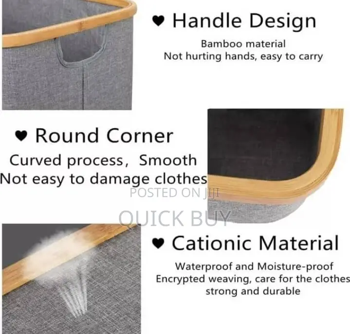 Collapsible Linen Laundry Basket Bin With Bamboo Handles