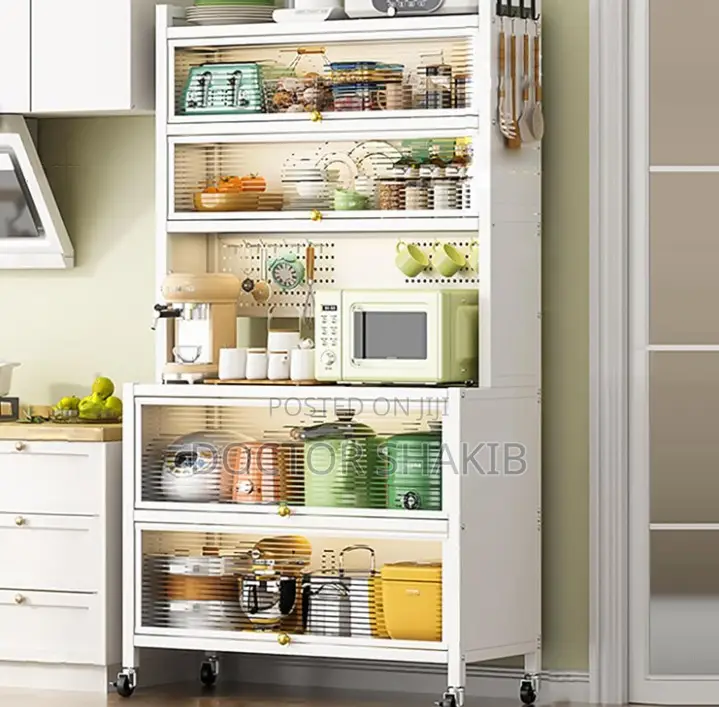 6-tier Kitchen Rack With Microwave Stand, Wheels Flip Door