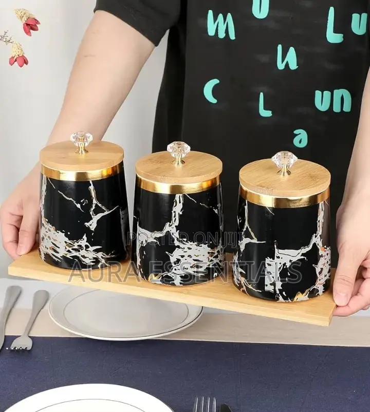 3 Air Tight Storage Canister Set With Wooden Base