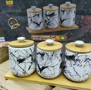 Set of 3 Marble Kitchen Canisters With Bamboo Lids