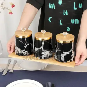 3 Air Tight Storage Canisters Set With Wooden Bamboo Tray