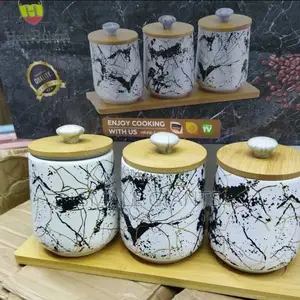 Set of 3 Marble Kitchen Canisters With Bamboo Lids