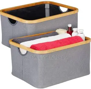 Collapsible Linen Laundry Basket Bin With Bamboo Handles
