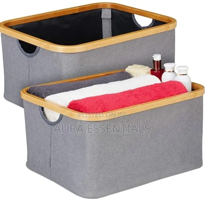 Collapsible Linen Laundry Basket Bin With Bamboo Handles
