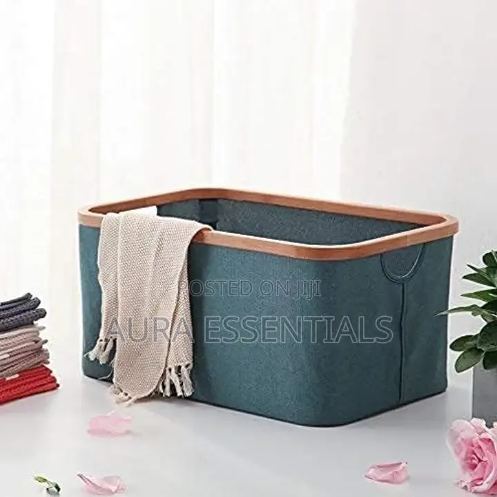 Collapsible Linen Laundry Basket Bin With Bamboo Handles