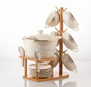 Soup Bowl Set With 6 (Cups,Saucers,Spoons) on Bamboo Stand