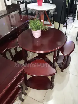Round Table With Four Stools, Wooden