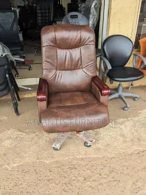 Brown Leather Office Chair With Wooden Arms