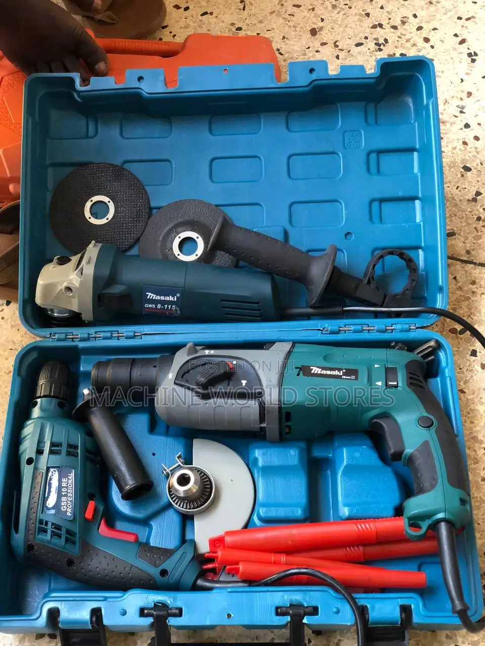 Tool Set With Angle Grinder, Drill and Hammer Drill.